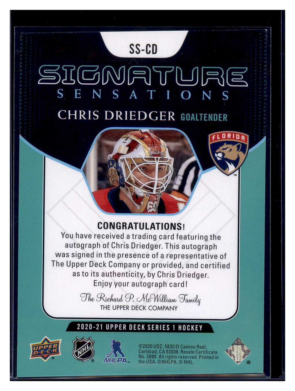 2020-21 Upper Deck #SS-CD Chris Driedger Signature Sensations