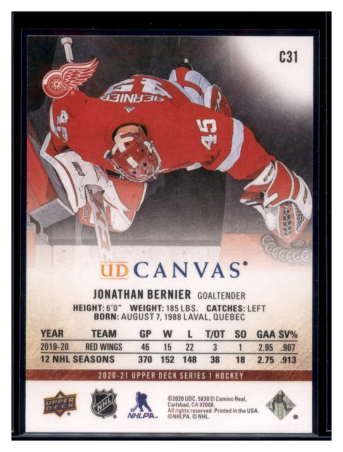 2020-21 Upper Deck #C31 Jonathan Bernier UD Canvas