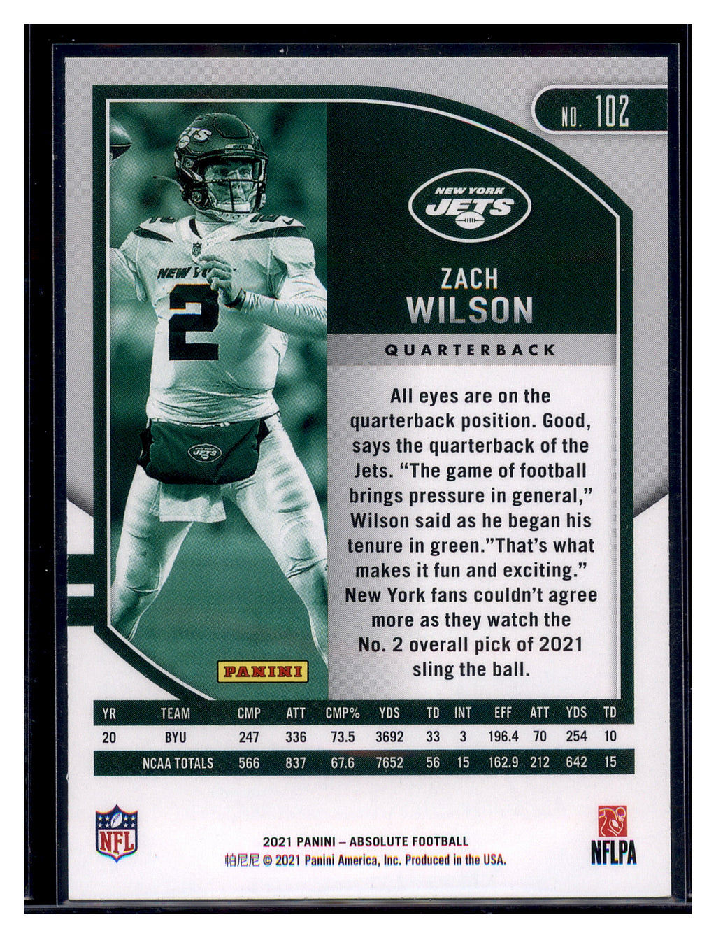 2021 Panini Absolute #102 Zach Wilson Retail