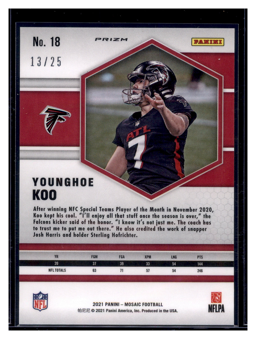 2021 Panini Mosaic #18 Younghoe Koo Prizm Orange Fluorescent #/25
