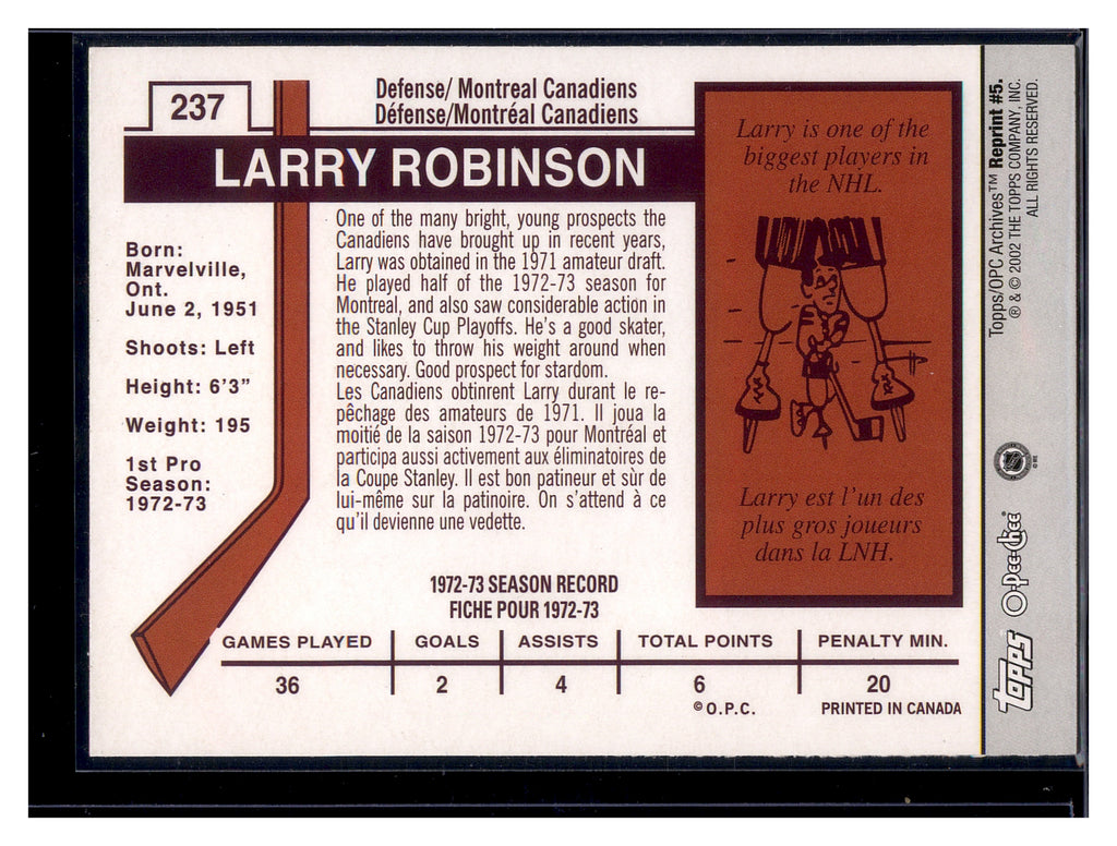2001-02 Topps / O-Pee-Chee Archives #5 Larry Robinson