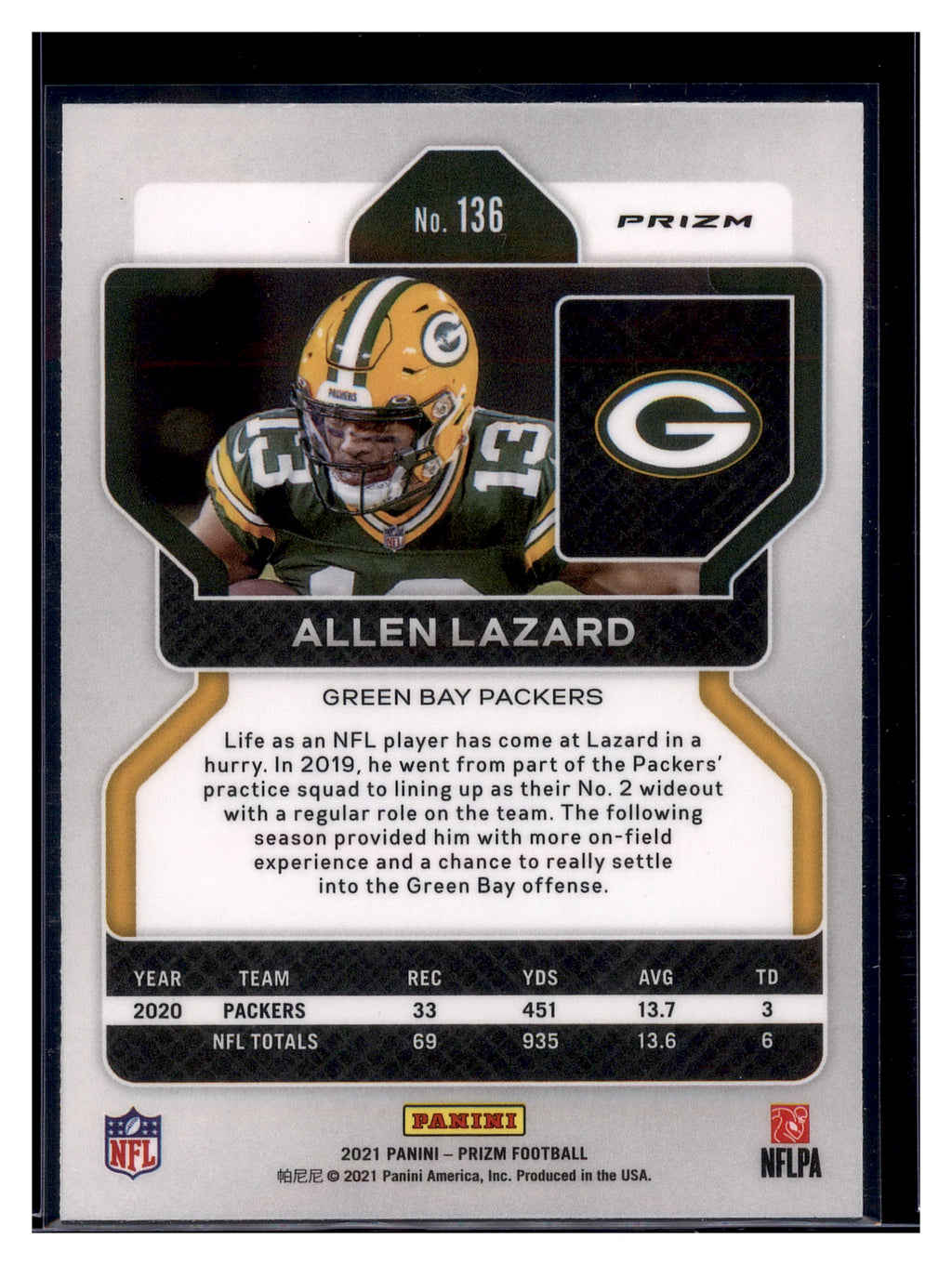 2021 Panini Prizm #136 Allen Lazard Silver