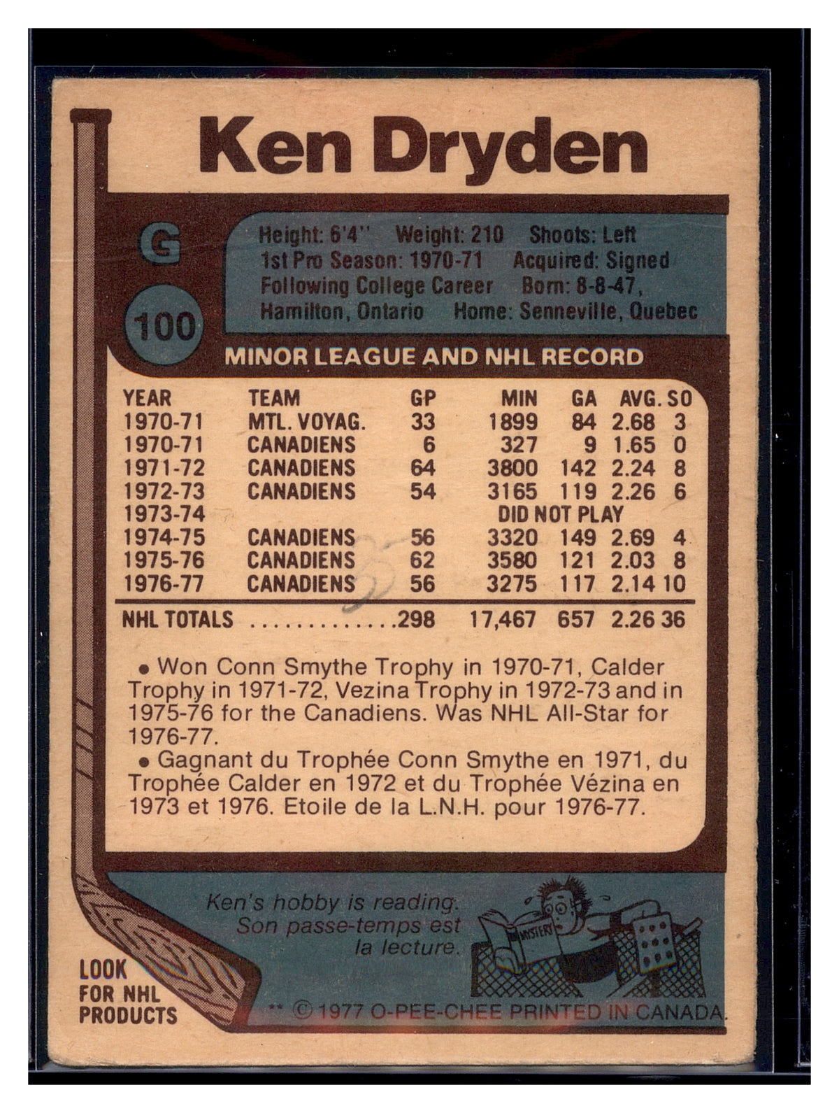 1977-78 Topps #100 Ken Dryden