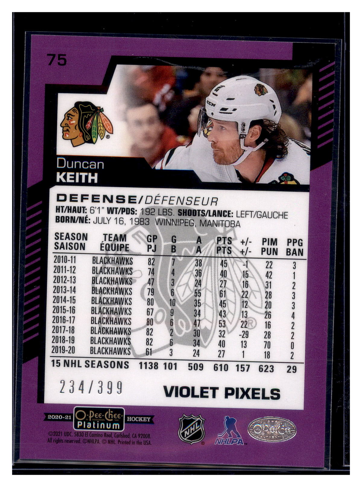 2020-21 O-Pee-Chee Platinum #75 Duncan Keith Violet-Pixels #/399