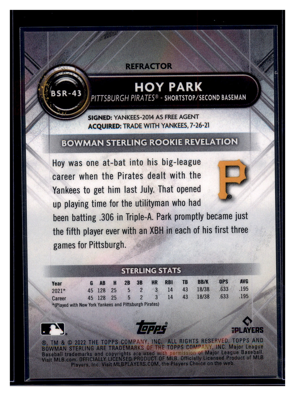 2022 Bowman Sterling #BSR-43 Hoy Park Refractor #/199