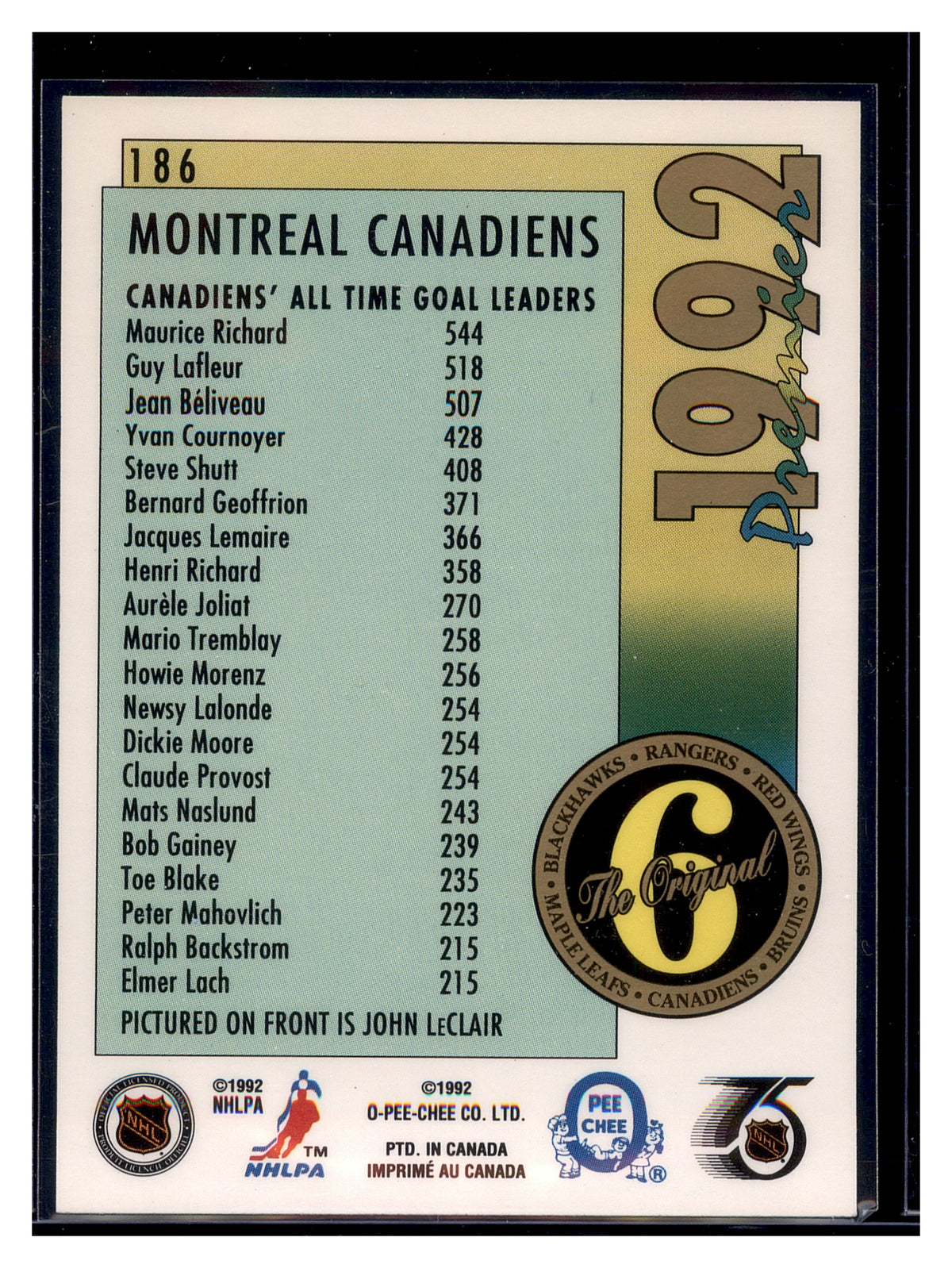 1991-92 O-Pee-Chee Premier #186 John LeClair