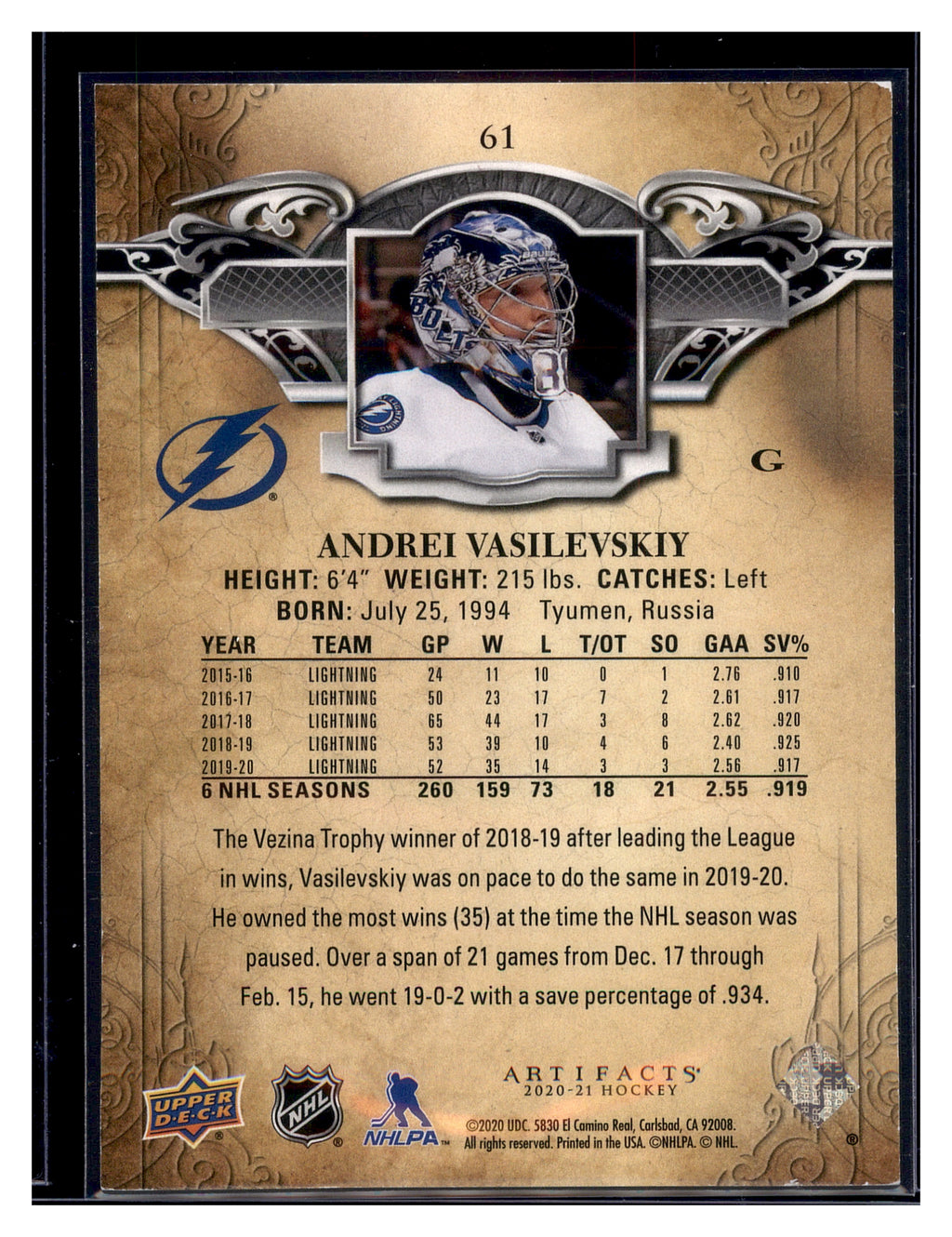 2020-21 Upper Deck Artifacts #61 Andrei Vasilevskiy Blue Sapphire #/499