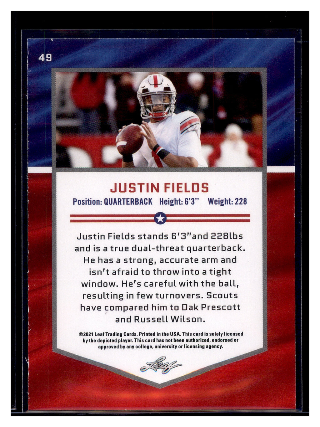 2021 Leaf Draft #49 Justin Fields Gold