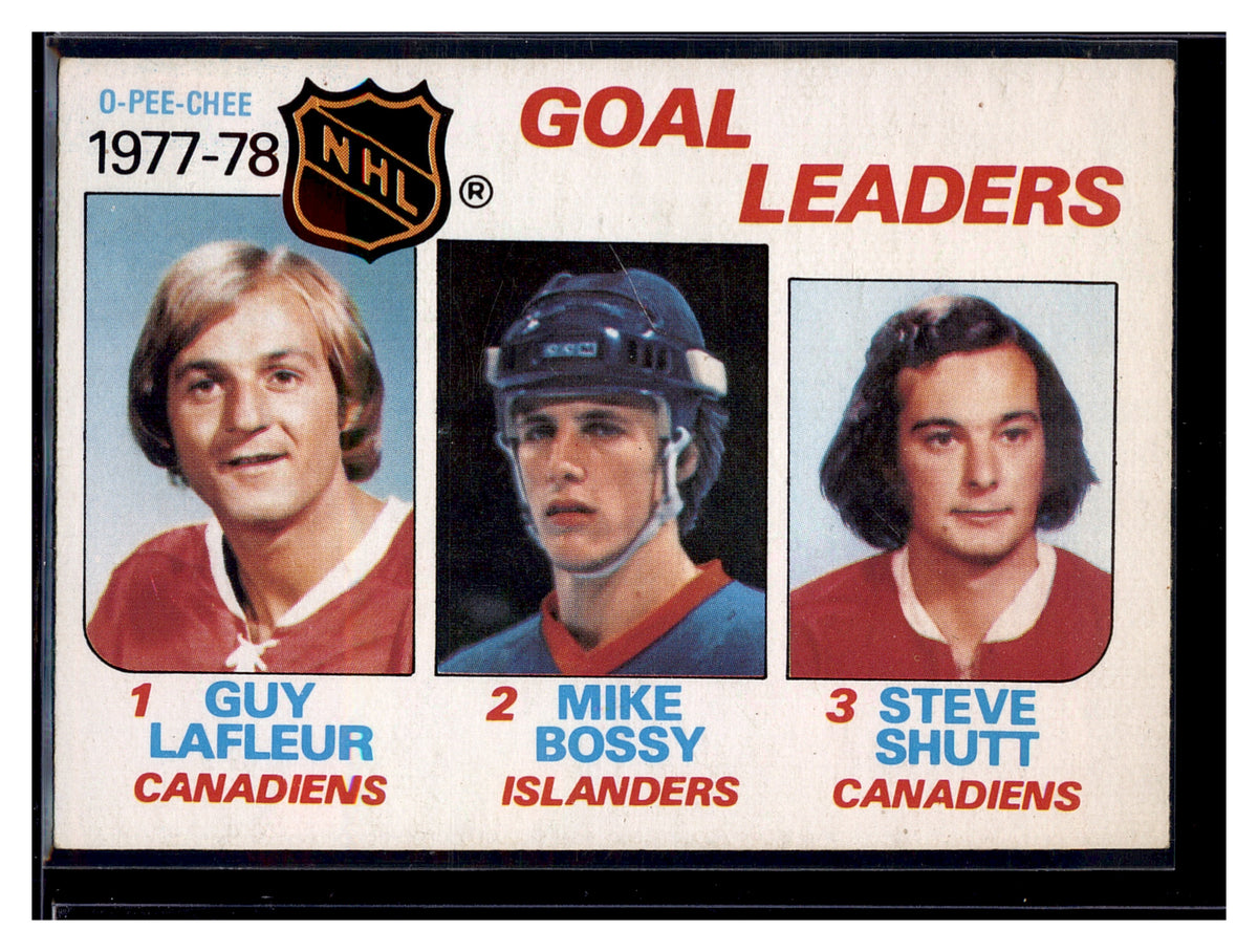 1978-79 Topps #63 1977-78 Goal Leaders (Guy Lafleur / Mike Bossy / Steve Shutt)