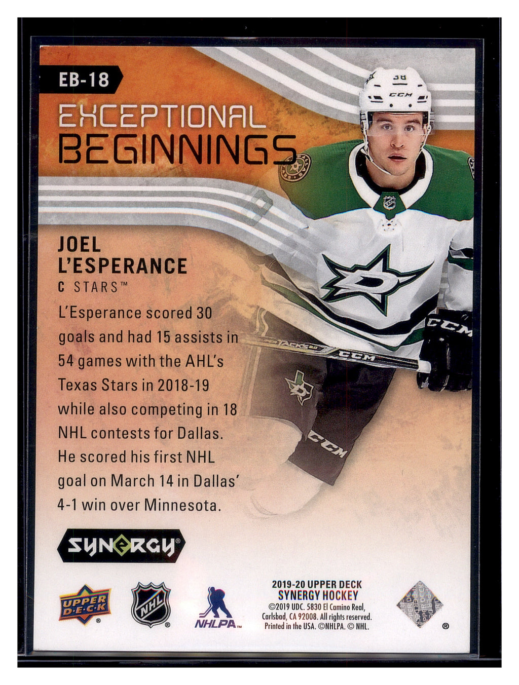 2019-20 Upper Deck Synergy #EB-18 Joel L'Esperance Orange #/399