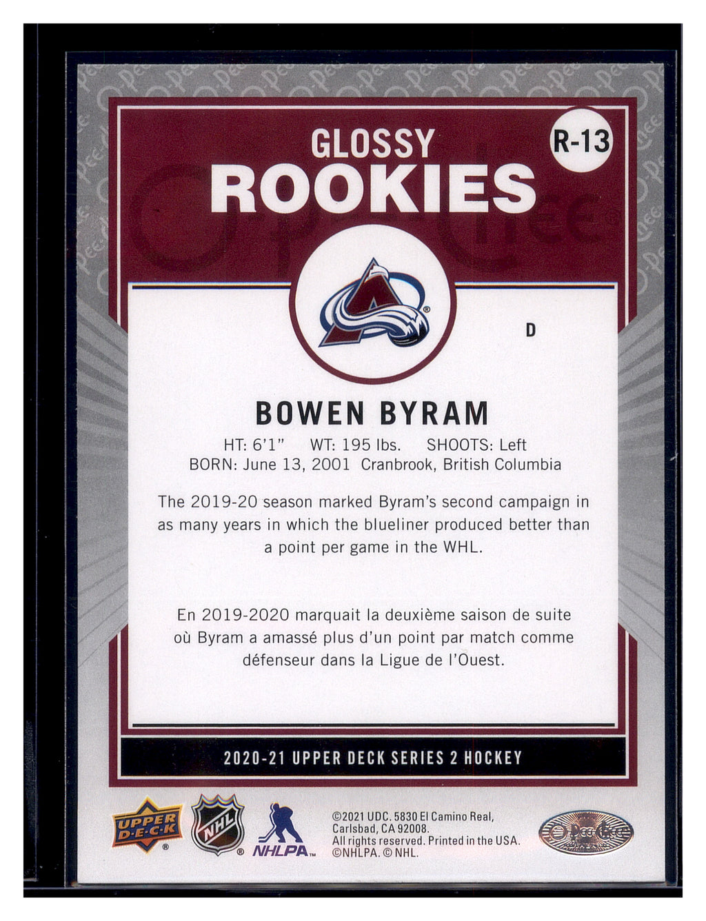 2020-21 Upper Deck #R-13 Bowen Byram O-Pee-Chee Glossy Rookies Bronze