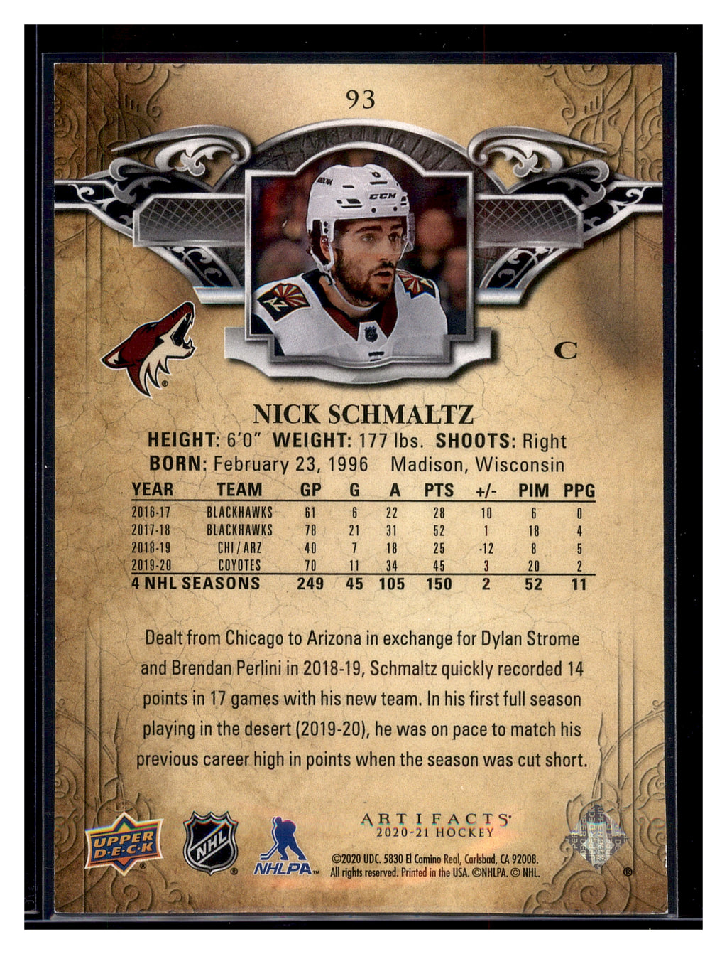2020-21 Upper Deck Artifacts #93 Nick Schmaltz Blue Sapphire #/499