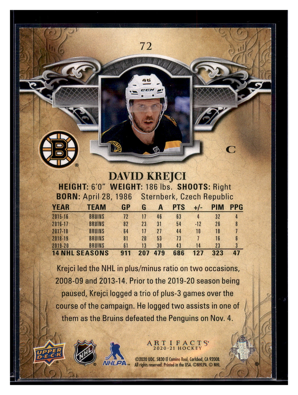 2020-21 Upper Deck Artifacts #72 David Krejci Blue Sapphire #/499