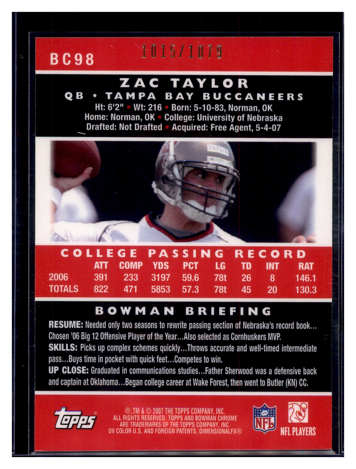 2007 Bowman Chrome #BC98 Zac Taylor Uncirculated Rookies #/1079