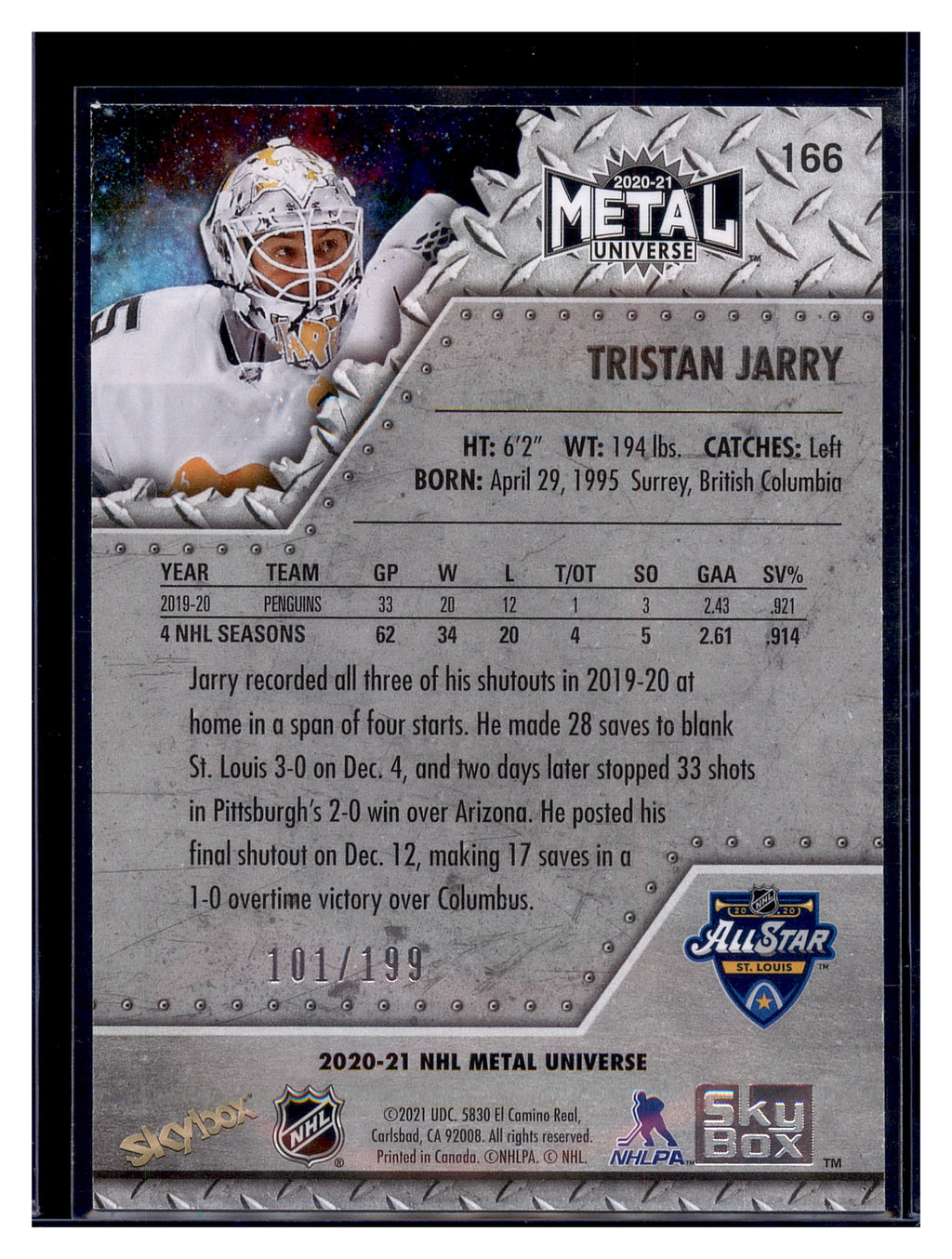 2020-21 SkyBox Metal Universe #166 Tristan Jarry Spectrum Purple #/199