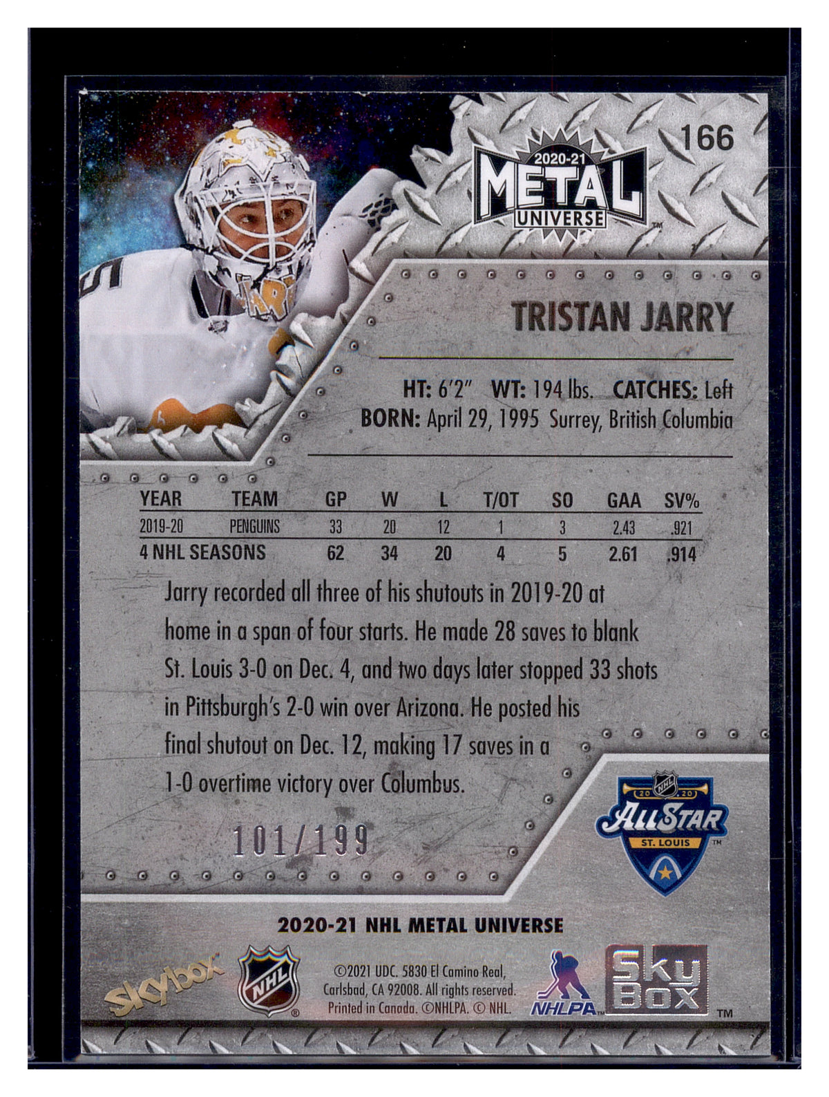 2020-21 SkyBox Metal Universe #166 Tristan Jarry Spectrum Purple #/199