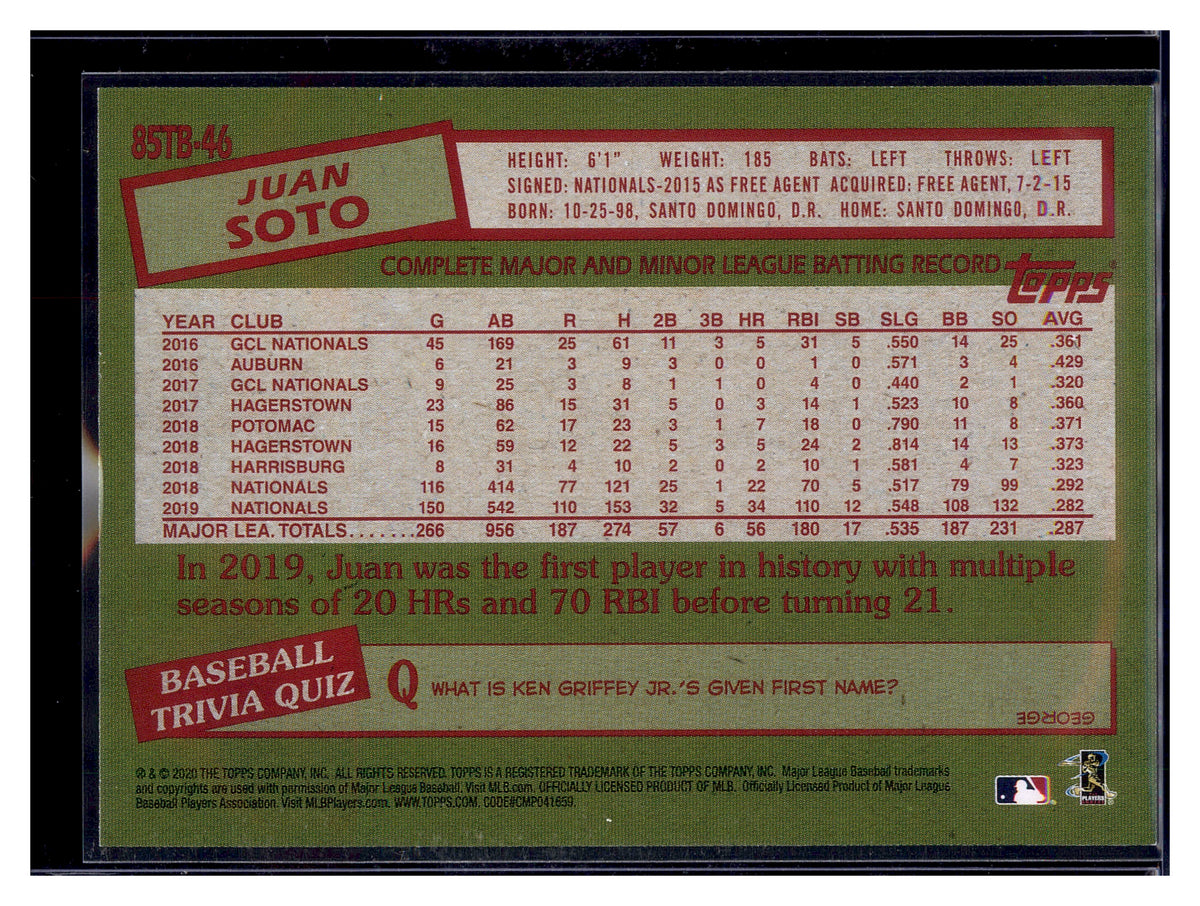 2020 Topps Update #85TB-46 Juan Soto 1985 Topps Baseball 35th Anniversary