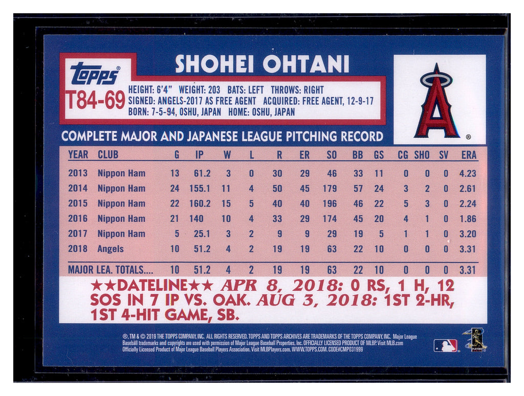 2019 Topps #T84-69 Shohei Ohtani 1984 Topps Baseball 35th Anniversary