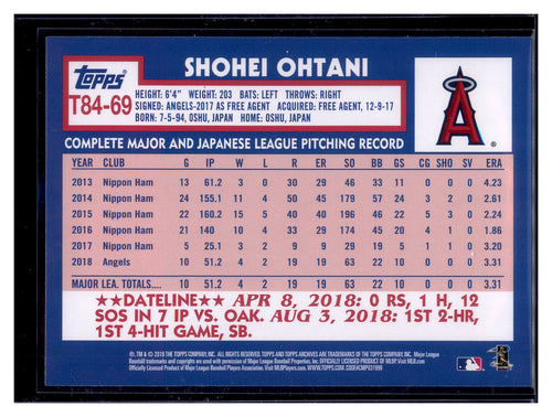 2019 Topps #T84-69 Shohei Ohtani 1984 Topps Baseball 35th Anniversary