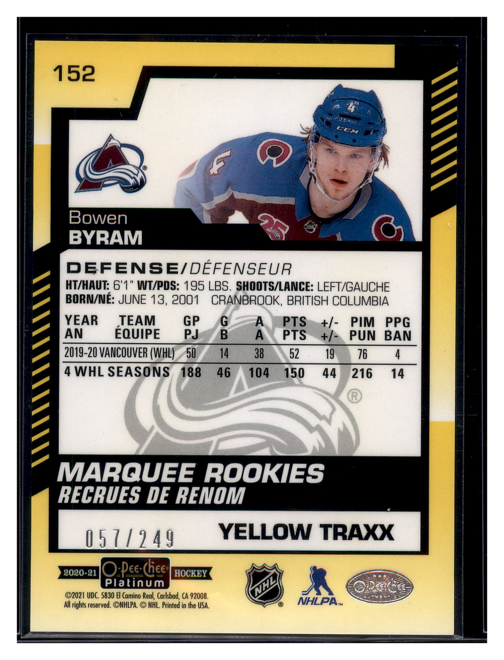 2020-21 O-Pee-Chee Platinum #152 Bowen Byram Yellow-Traxx #/249