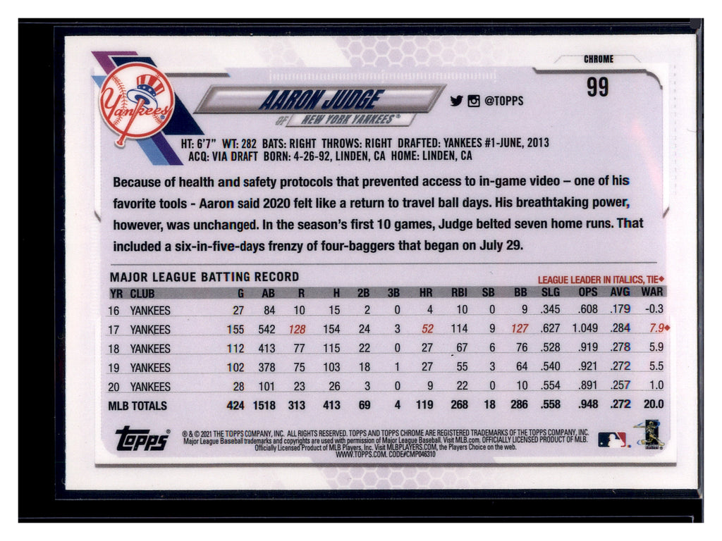 2021 Topps Chrome #99 Aaron Judge Pink Refractor