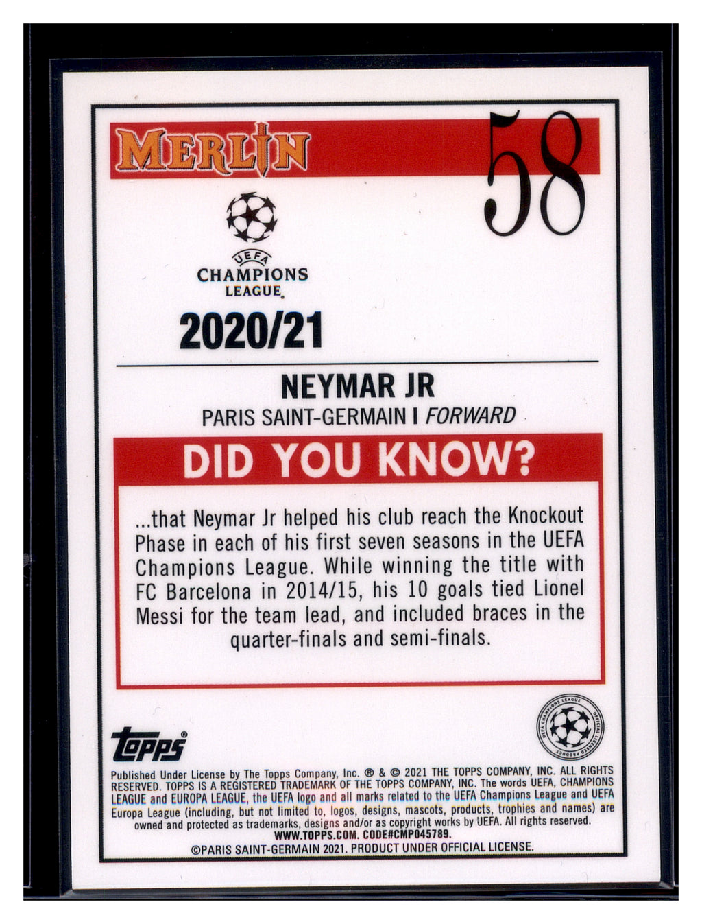2020-21 Merlin UEFA Champions League #58 Neymar Jr Aqua Prism
