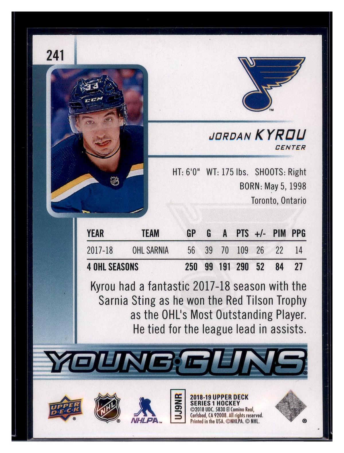 2018-19 Upper Deck #241 Jordan Kyrou