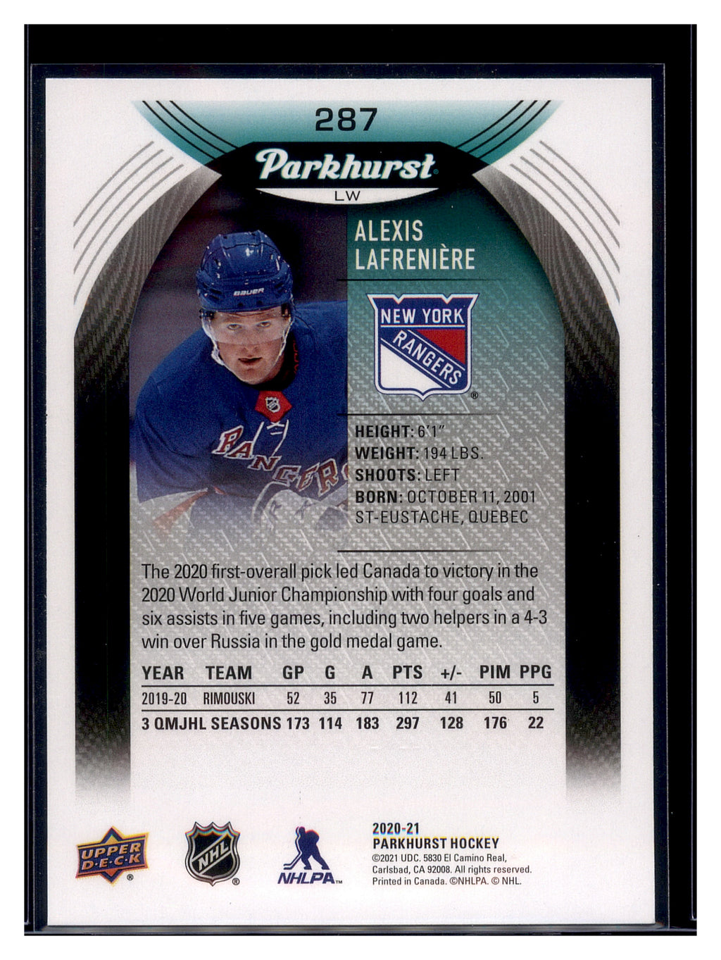 2020-21 Parkhurst #287 Alexis Lafreniere