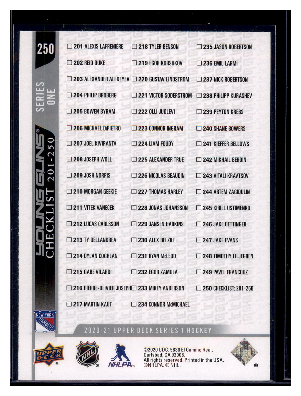 2020-21 Upper Deck #250 Young Guns Checklist (Lafreniere/Kravtsov)