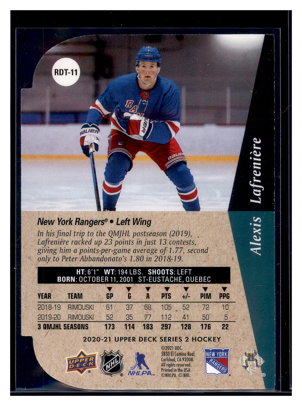 2020-21 Upper Deck #RDT-11 Alexis Lafreniere 1994-95 Rookie Tribute Die Cuts