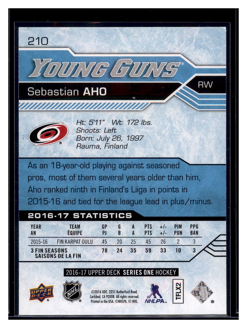 2016-17 Upper Deck #210 Sebastian Aho