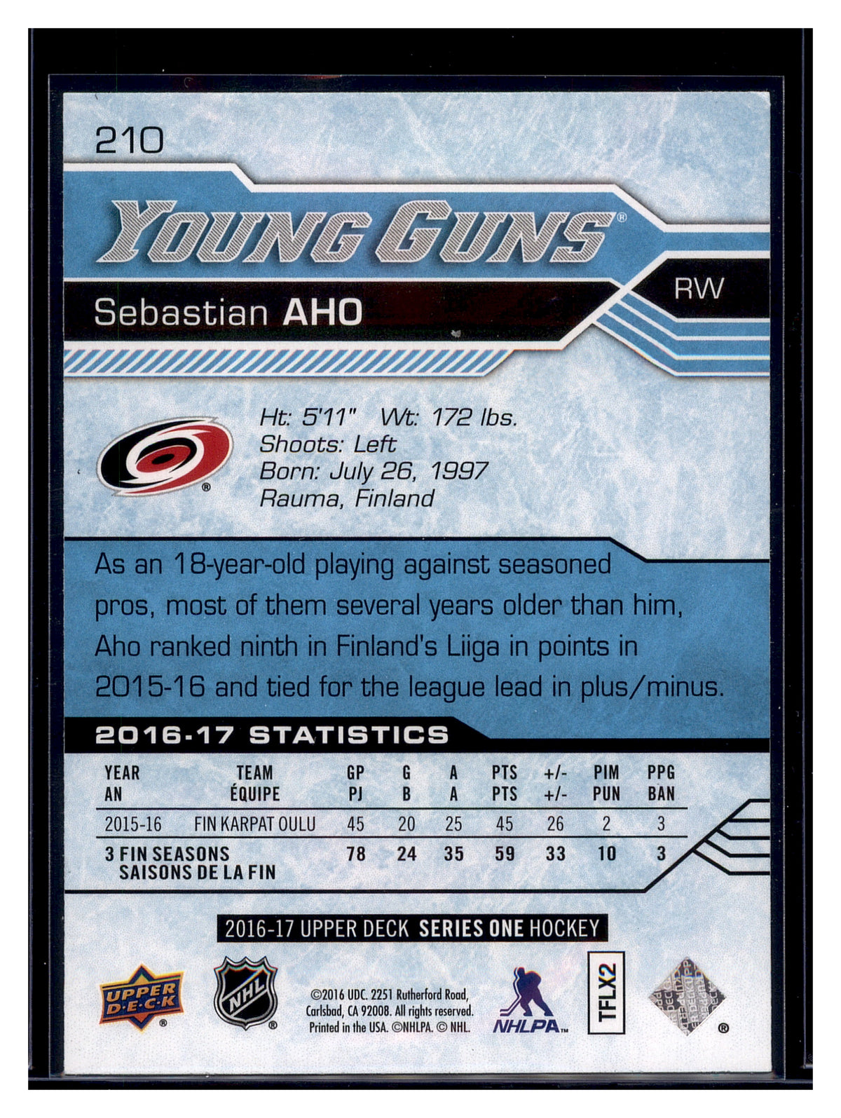 2016-17 Upper Deck #210 Sebastian Aho