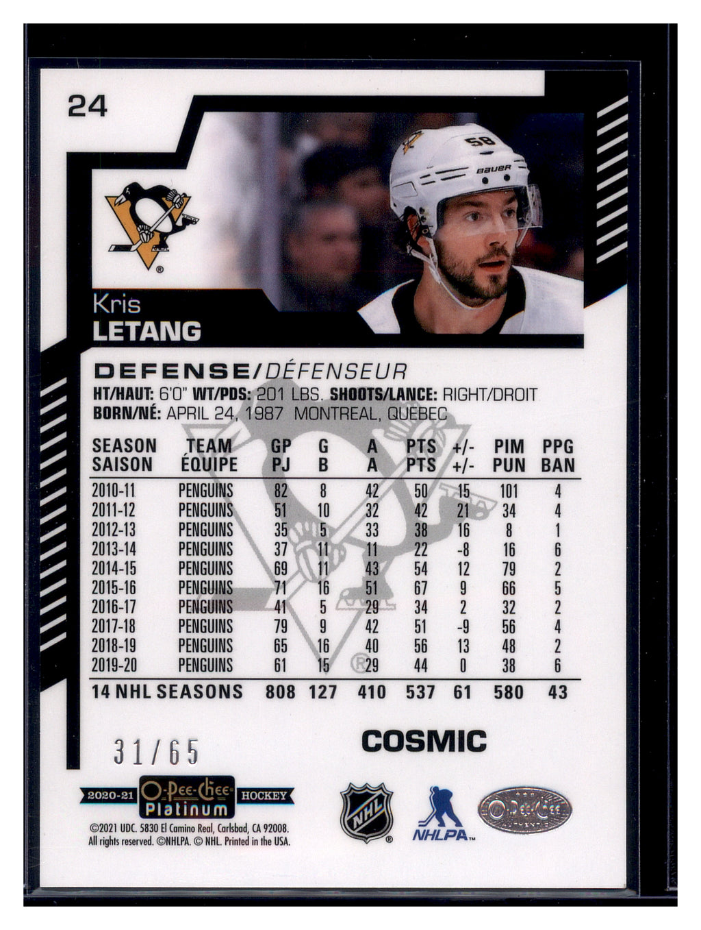 2020-21 O-Pee-Chee Platinum #24 Kris Letang Cosmic #/65