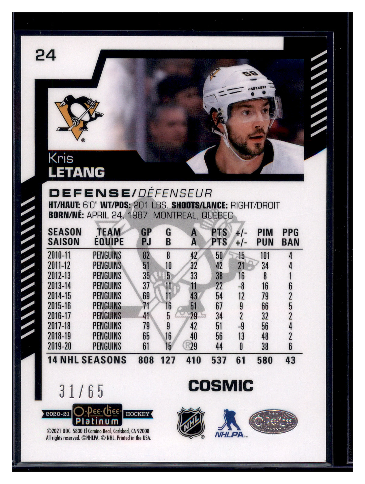 2020-21 O-Pee-Chee Platinum #24 Kris Letang Cosmic #/65