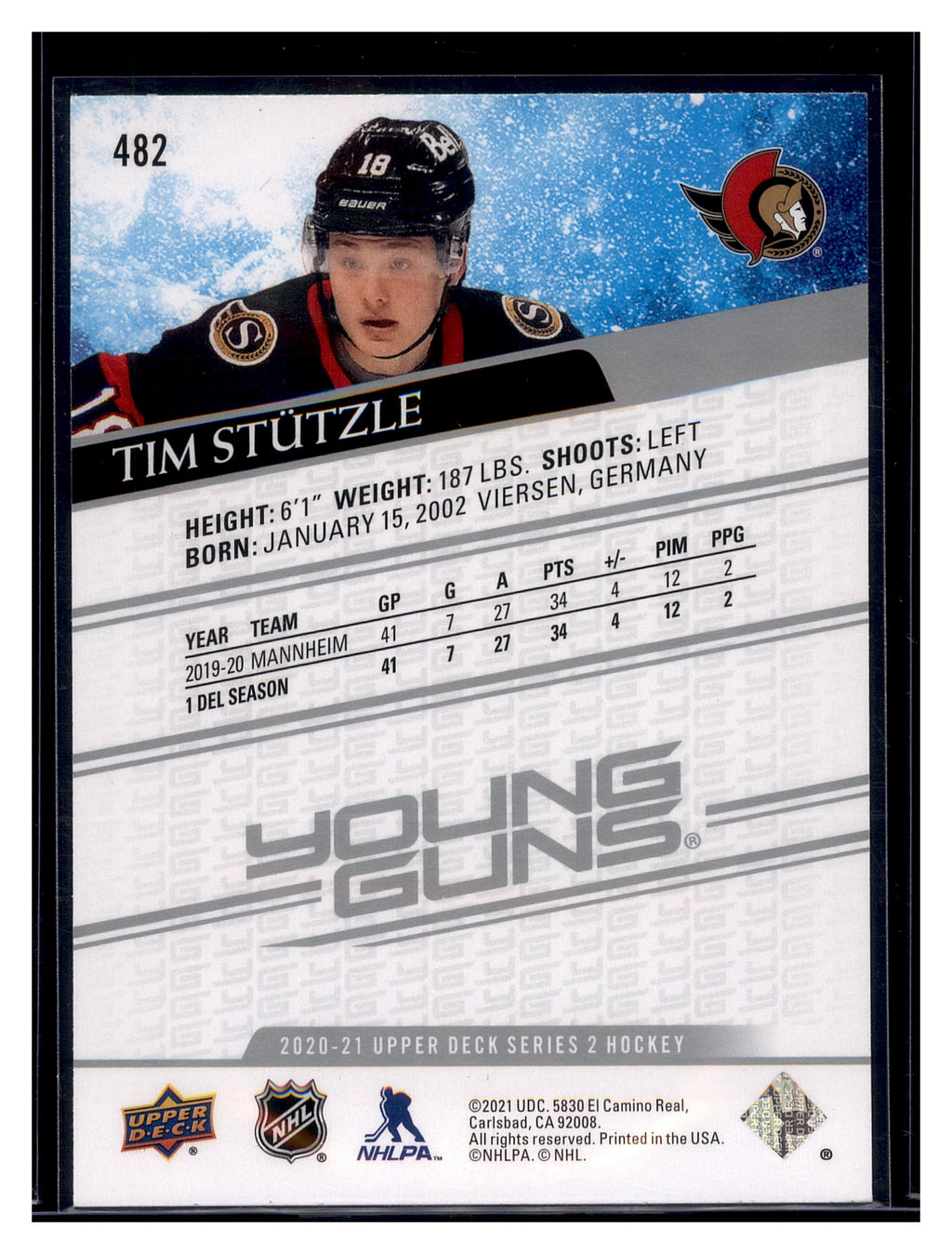 2020-21 Upper Deck #482 Tim Stutzle
