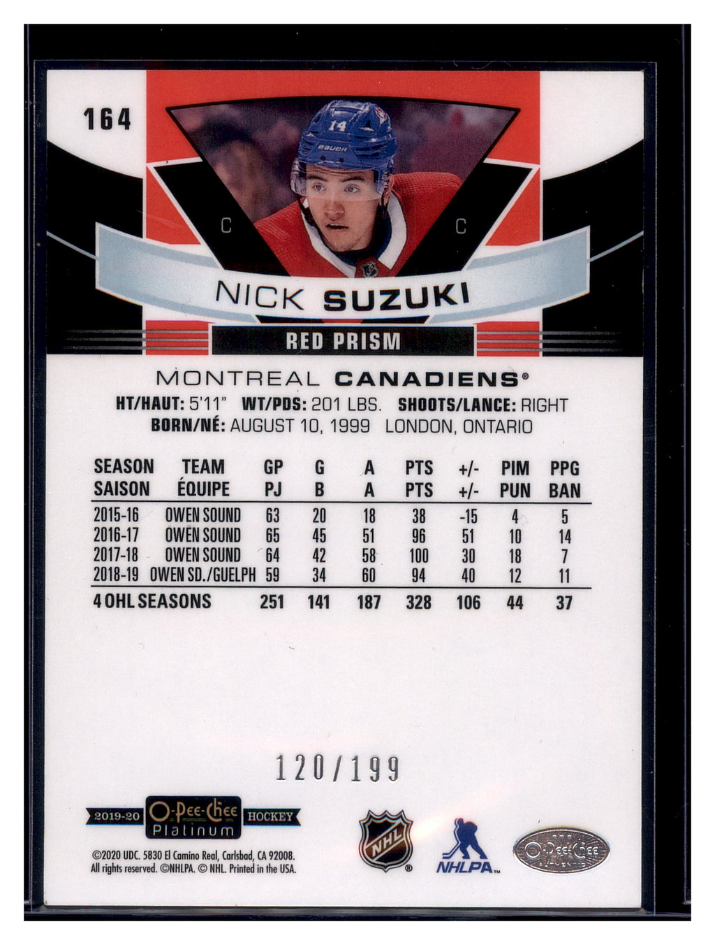 2019-20 O-Pee-Chee Platinum #164 Nick Suzuki Red-Prism #/199