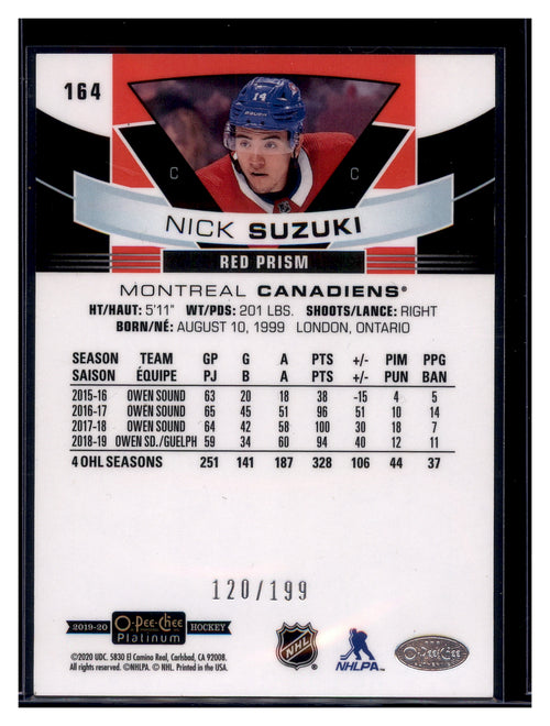 2019-20 O-Pee-Chee Platinum #164 Nick Suzuki Red-Prism #/199