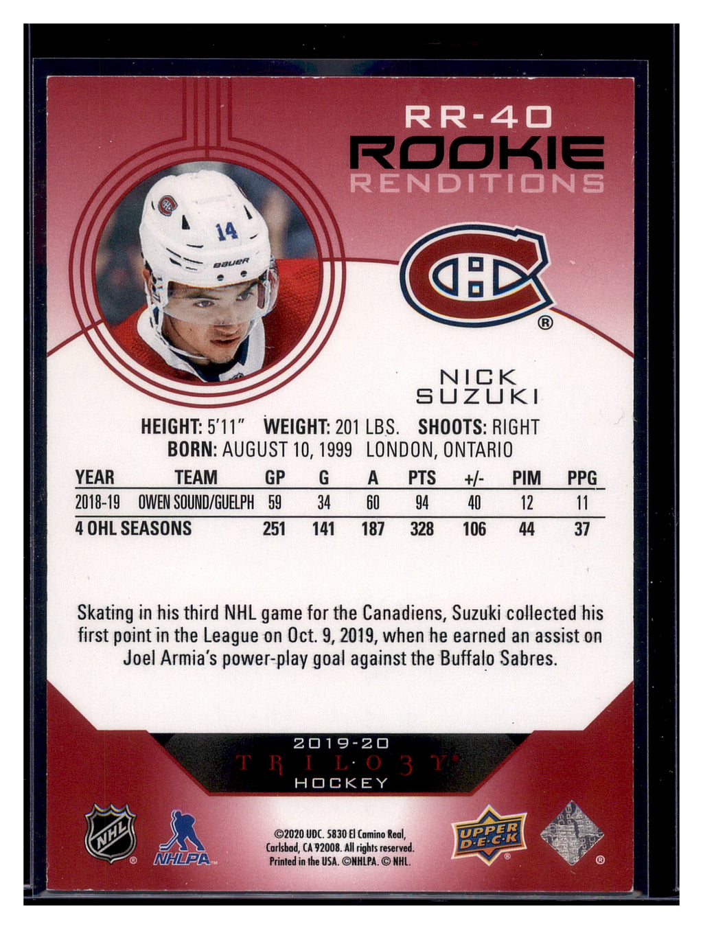 2019-20 Upper Deck Trilogy #RR-40 Nick Suzuki Rookie Renditions