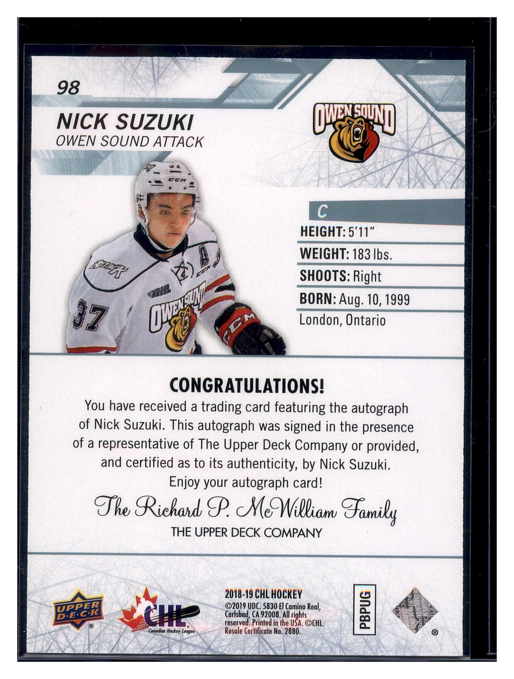 2018-19 Upper Deck CHL #98 Nick Suzuki Autographs