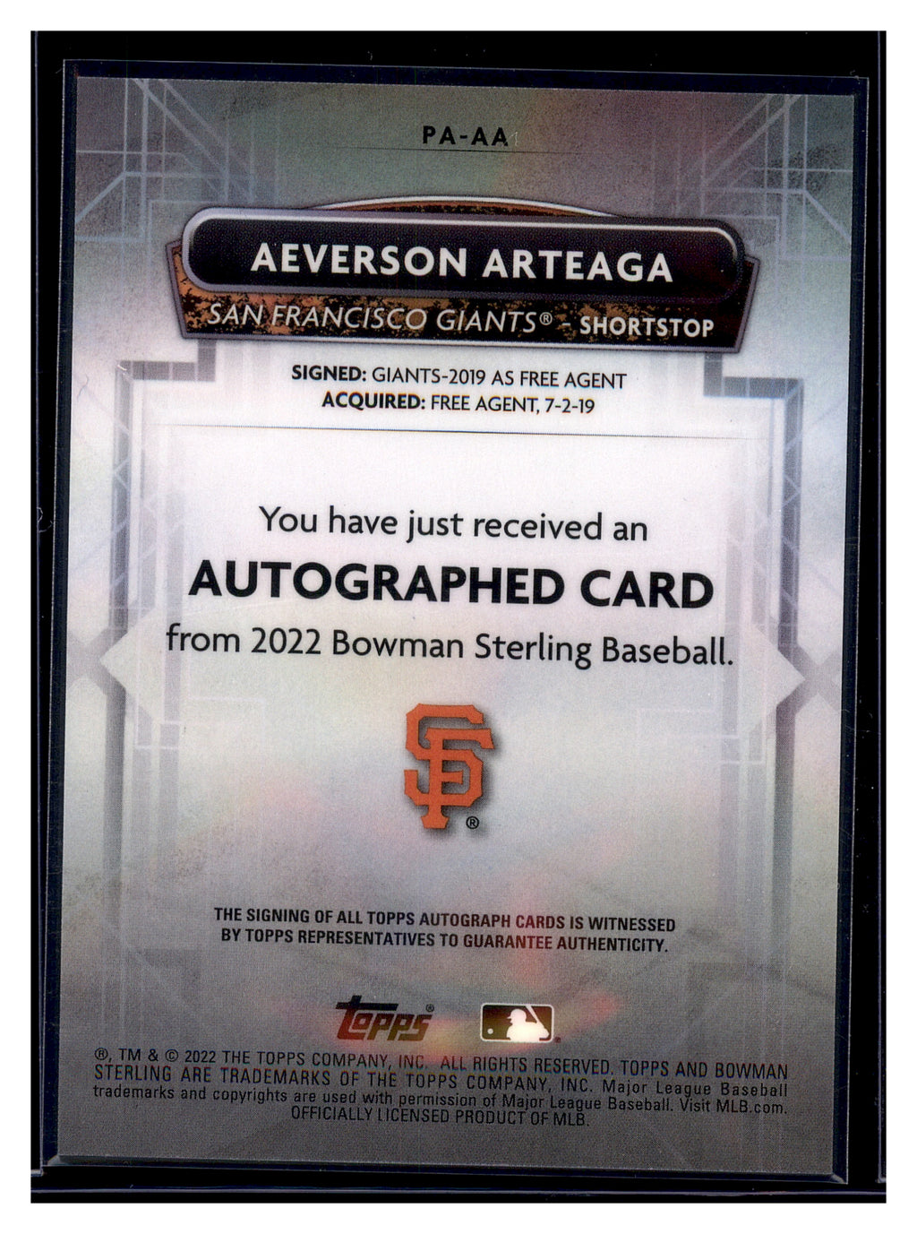 2022 Bowman Sterling #PA-AA Aeverson Arteaga Prospect Autographs