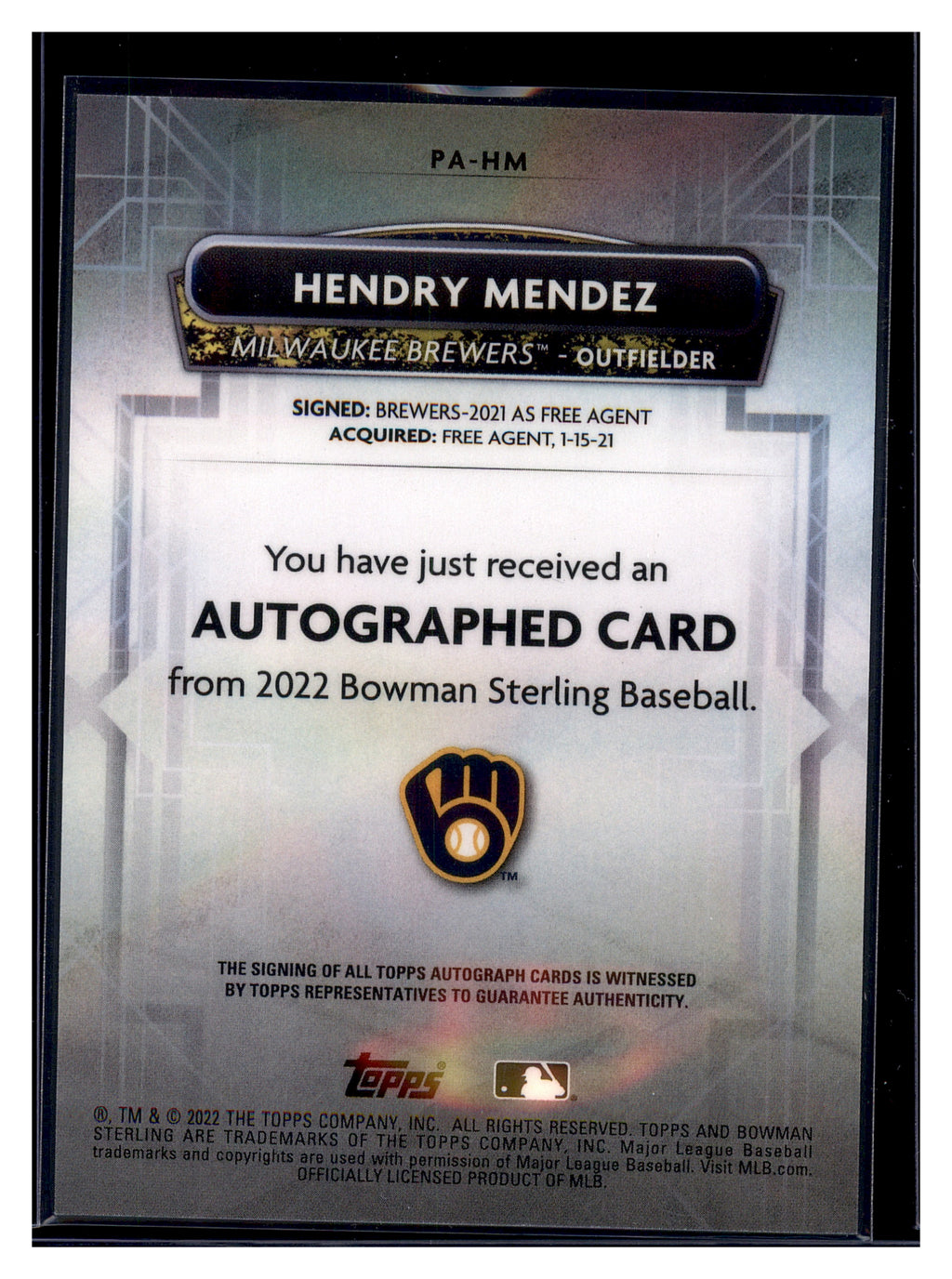 2022 Bowman Sterling #PA-HM Hendry Mendez Prospect Autographs